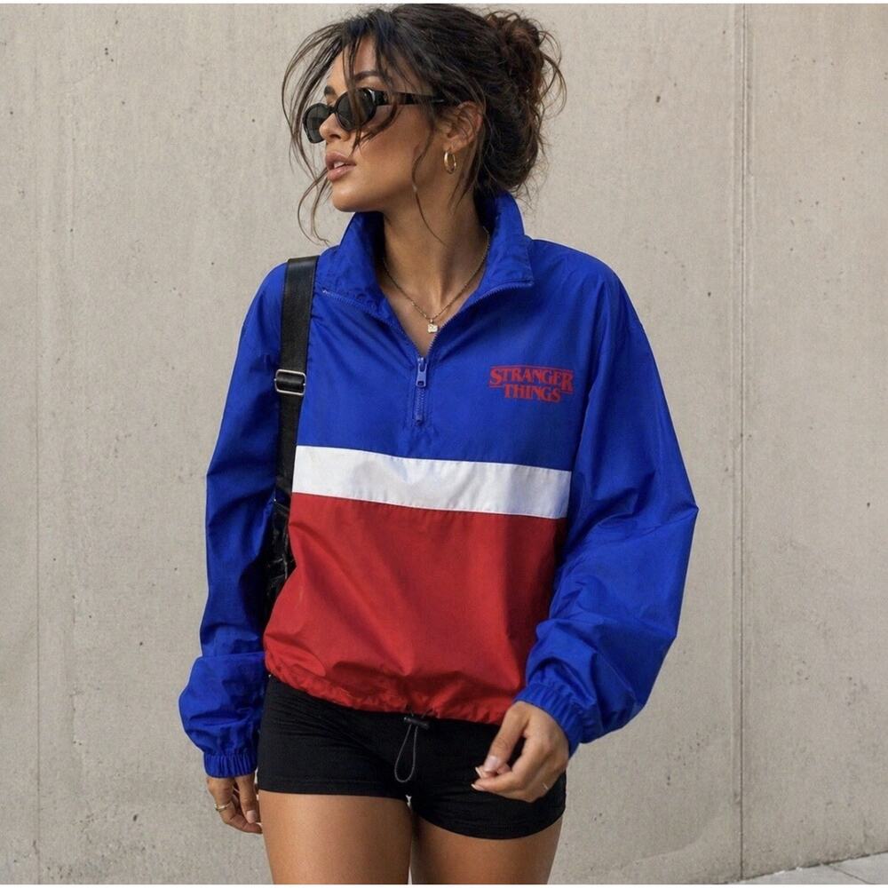 Stranger Things Windbreaker Jacket 2XL Blue Red Colorblock 1/4 Zip Netflix Merch